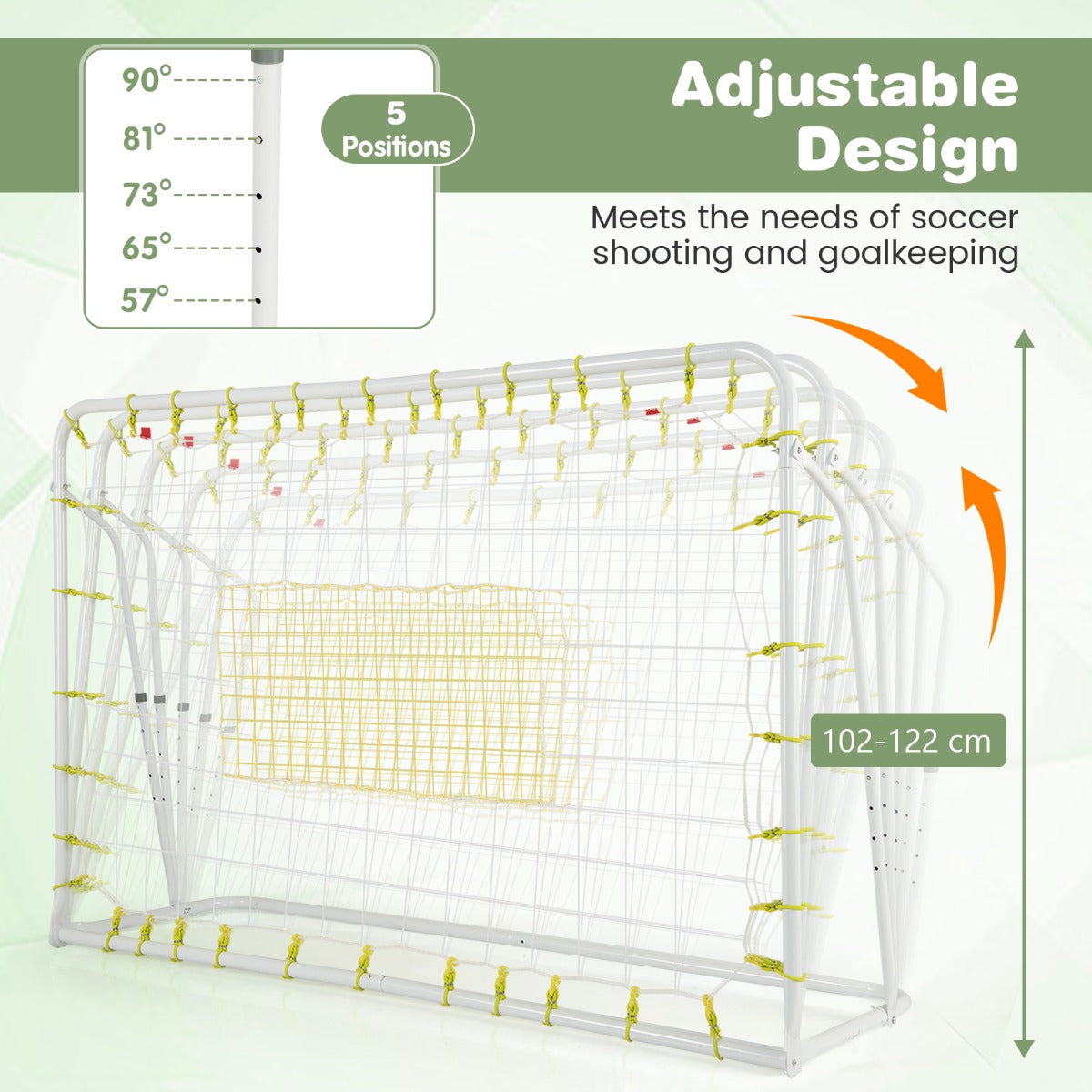 Close up of the adjustable design of the kids soccer rebounder and goal showing height options