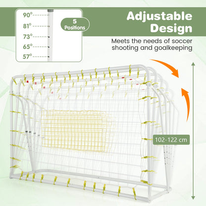 Close up of the adjustable design of the kids soccer rebounder and goal showing height options