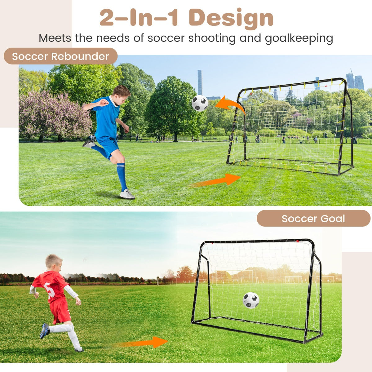 composite view showing the soccer equipment being used as a rebounder and as a goal in a park
