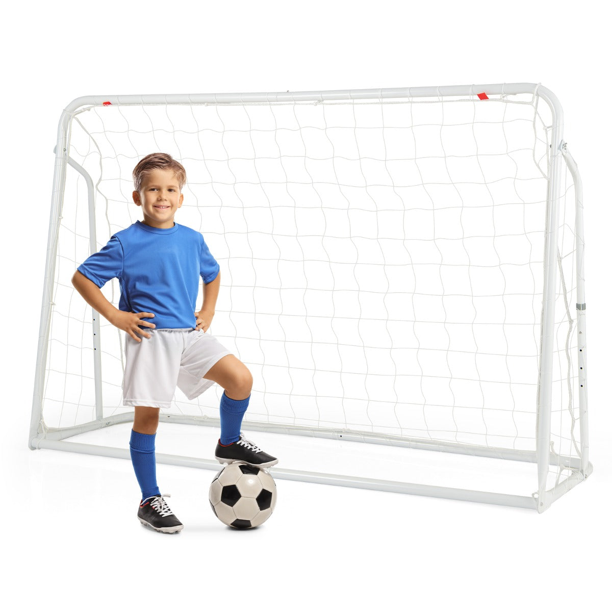 2-in-1 Kids Soccer Rebounder with a young boy standing next to it on a white background