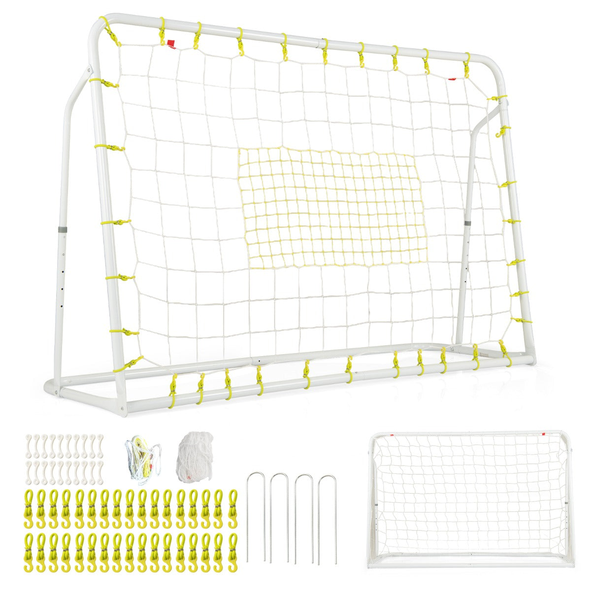 All the parts included for the kids soccer rebounder and goal laid out on the grass