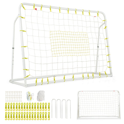 All the parts included for the kids soccer rebounder and goal laid out on the grass