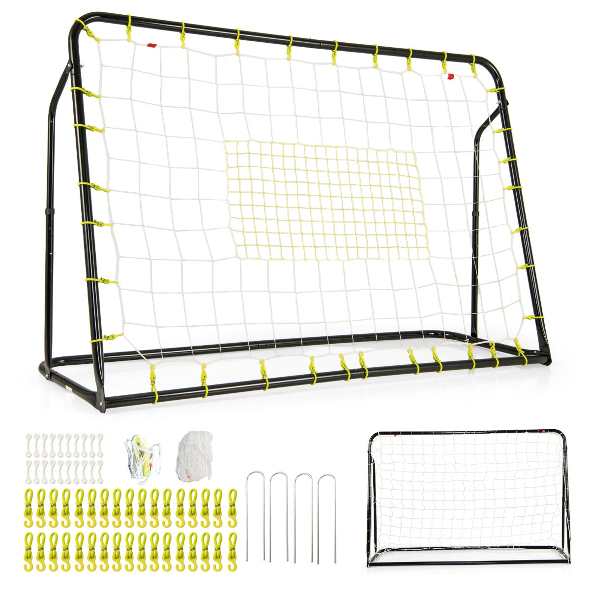 Soccer rebounder and goal parts laid out on the grass with accessories