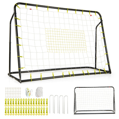 Soccer rebounder and goal parts laid out on the grass with accessories