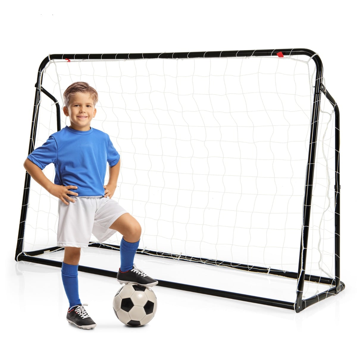 2-in-1 Kids Soccer Rebounder with a young boy standing next to it on a white background