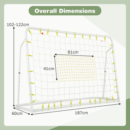 Diagram showing the overall dimensions of the white kids soccer rebounder and goal