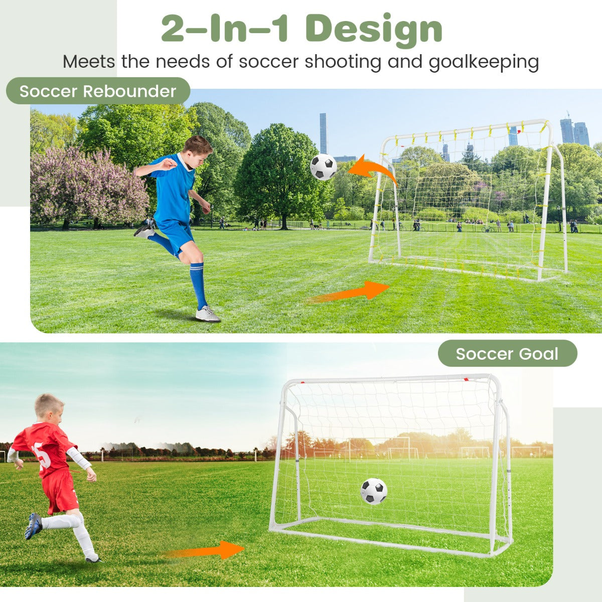 Collage showing the kids soccer rebounder and goal in use as a rebounder and a goal