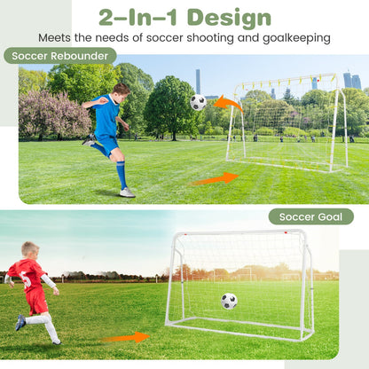 Collage showing the kids soccer rebounder and goal in use as a rebounder and a goal