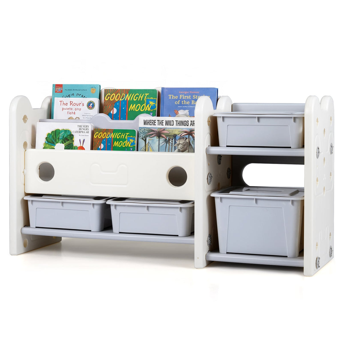 Bookshelf and toy storage unit with books on the shelves and storage boxes below