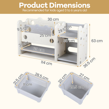 Product dimensions diagram for the kids toy storage organiser showing measurements