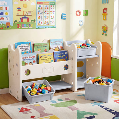 Kids toy storage organiser in a room with books and toys in the storage boxes and on the shelves