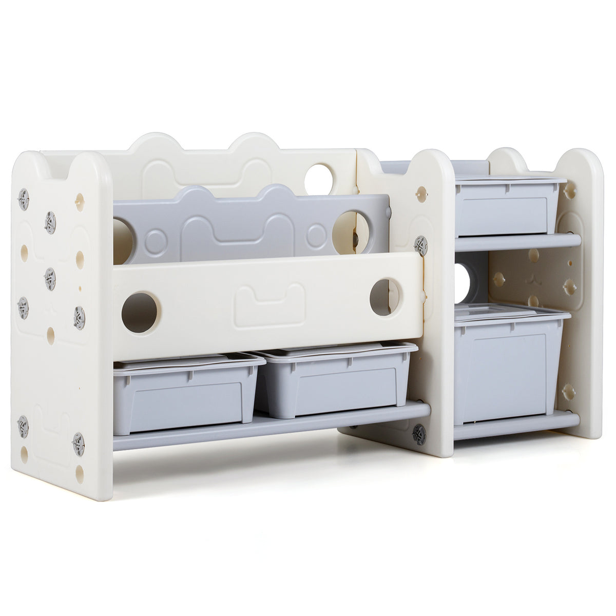 2-in-1 Kids Toy Storage Organizer with Bookshelf and 4 Storage Boxes-Grey, front view of the unit with grey storage boxes