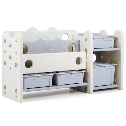 2-in-1 Kids Toy Storage Organizer with Bookshelf and 4 Storage Boxes-Grey, front view of the unit with grey storage boxes