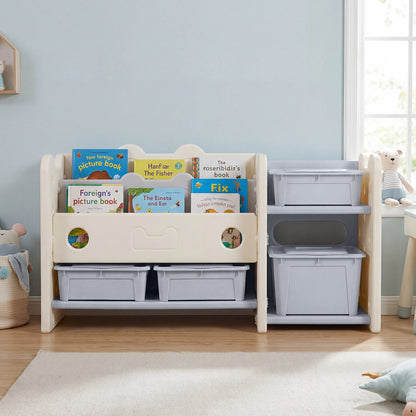 The kids storage organiser filled with books and toys in a nursery setting