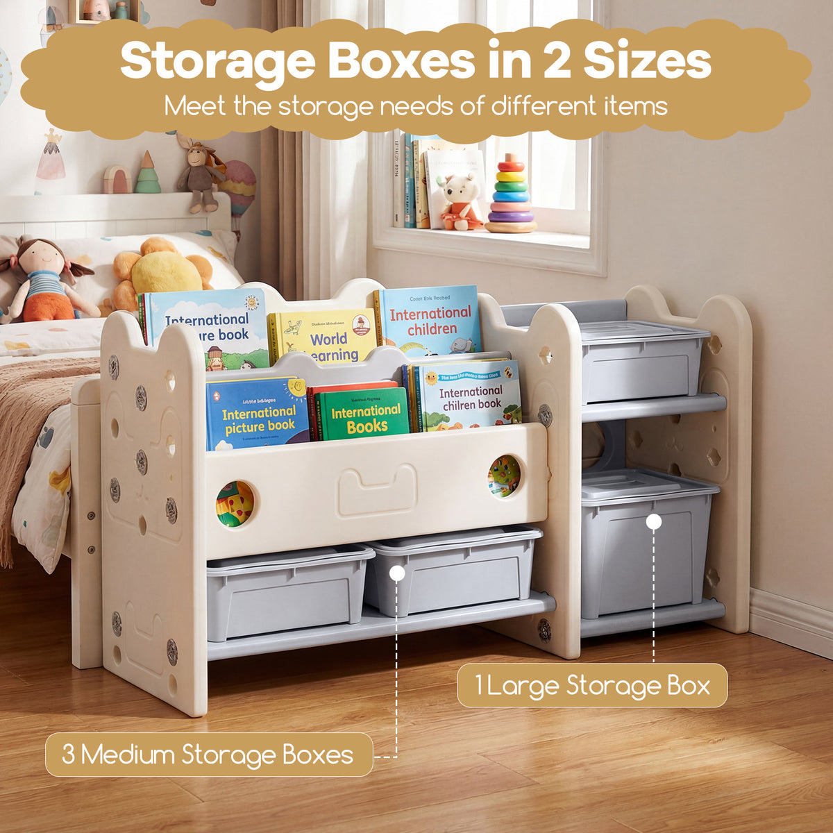 The kids toy storage organiser showing three medium and one large grey storage box