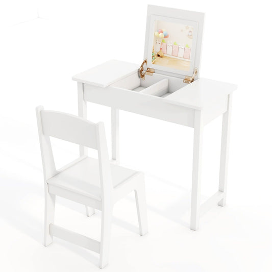 2 in 1 Kids Vanity Table and Chair Set with flip top mirror and hidden storage in white