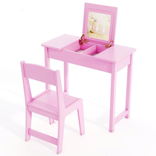 2 in 1 Kids Vanity Table and Chair Set in pink with a flip top mirror and hidden storage