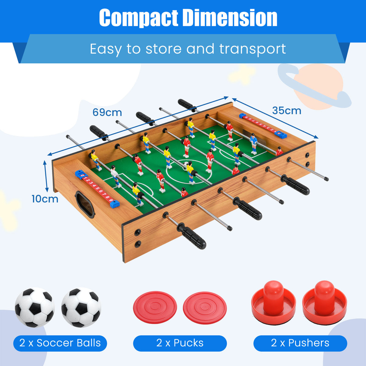 The game board with labels showing its dimensions and the various accessories included