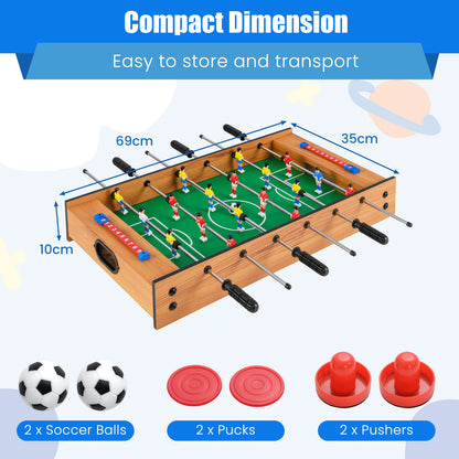 The game board with labels showing its dimensions and the various accessories included