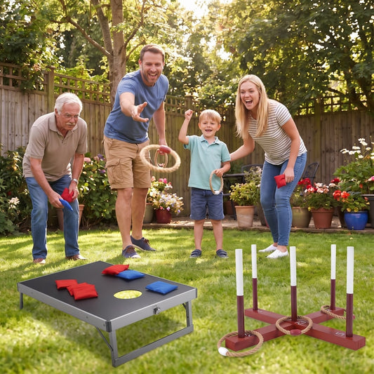 Family playing the portable folding cornhole board set and wooden ring toss game in a garden
