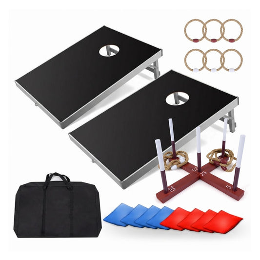 2-in-1 Outdoor Lawn Game Set: Portable Folding Cornhole Board Set with carrying bag and wooden ring toss game