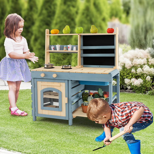 Children playing with the wooden outdoor play kitchen set in a garden setting
