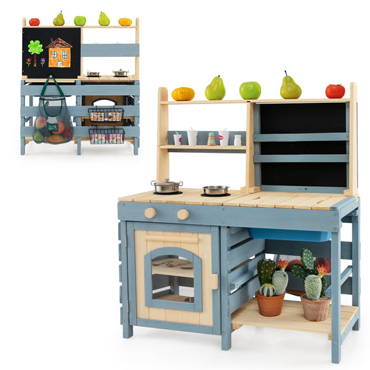 2 In 1 Outdoor Mud Kitchen with metal baskets and storage bag, showing the full unit with shelves and blackboard