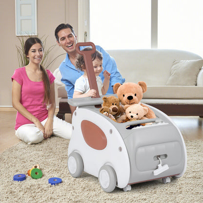 A family sits on the floor with the grey baby walker