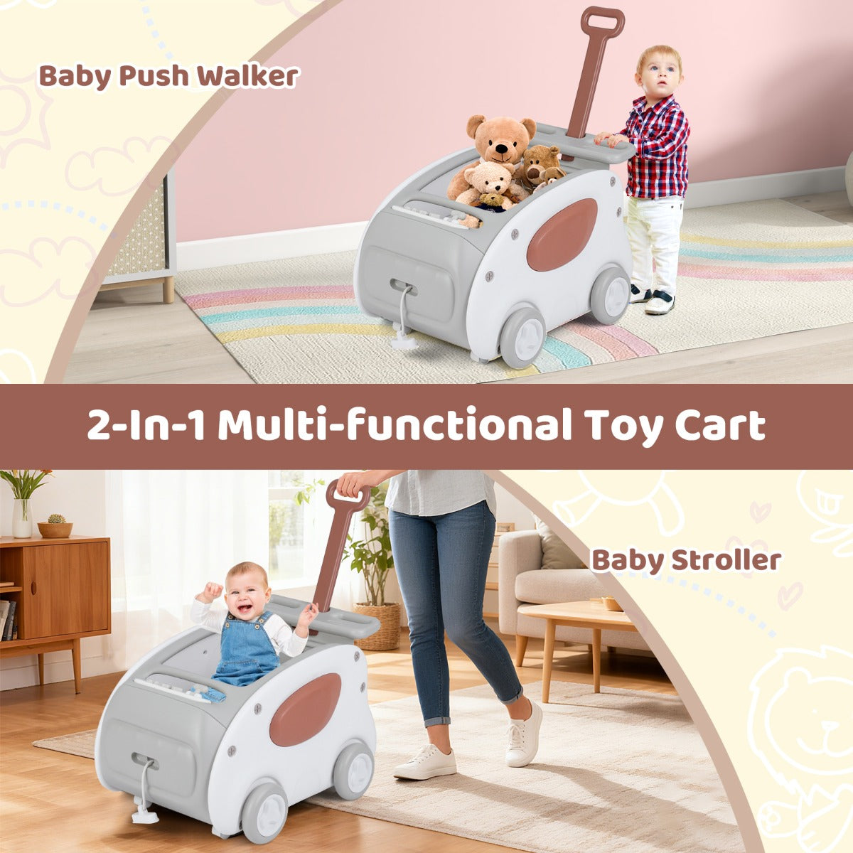 The grey baby walker is shown as a toy cart and a baby stroller