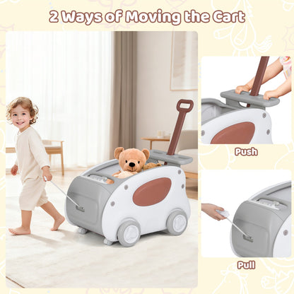 A child pushes and pulls the grey baby walker