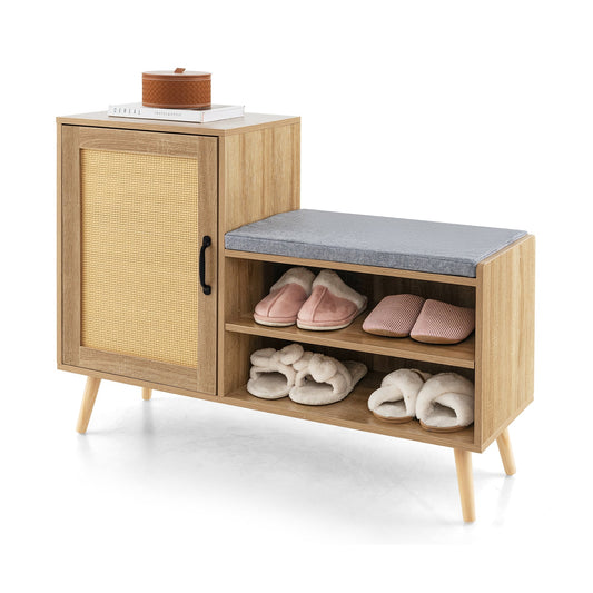 2-in-1 Rattan Shoe Cabinet with bench and 3 adjustable shelves in natural wood finish