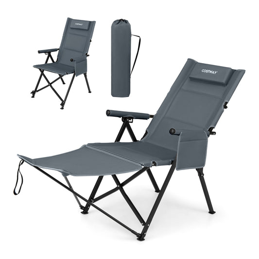 2-in-1 Reclining Camping Chair in grey, shown with a separate carry bag and a smaller view of the chair folded