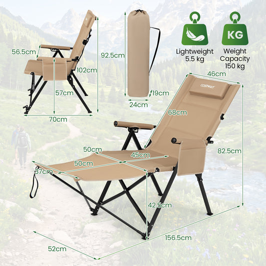 The camping furniture displayed with metric dimensions and weight capacity details