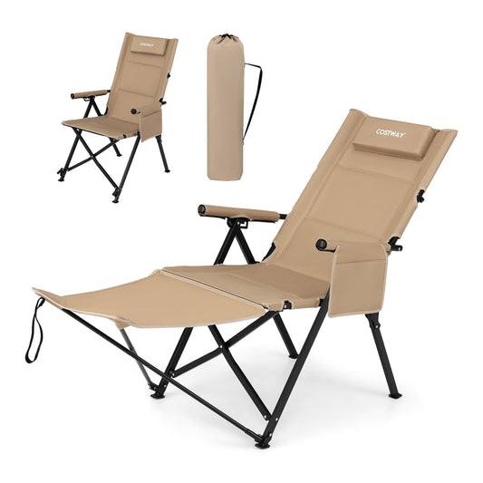 2-in-1 Reclining Camping Chair shown in a reclined position with its matching carry bag