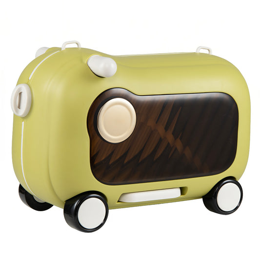 2-in-1 Ride-on Luggage in green with four wheels and a brown wood effect panel