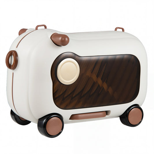 2-in-1 Ride-on Luggage in cream and brown with four wheels and a side handle