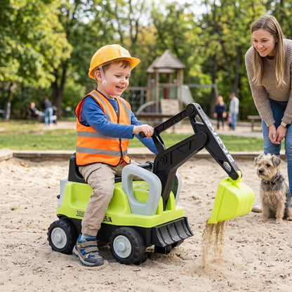 A happy boy in a yellow hard hat and orange vest digs sand with the ride on push car