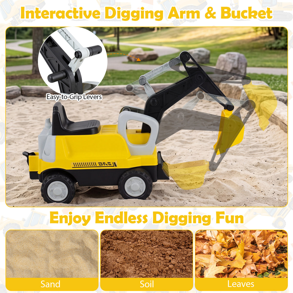 The push car highlighting the moving digging arm and different play materials