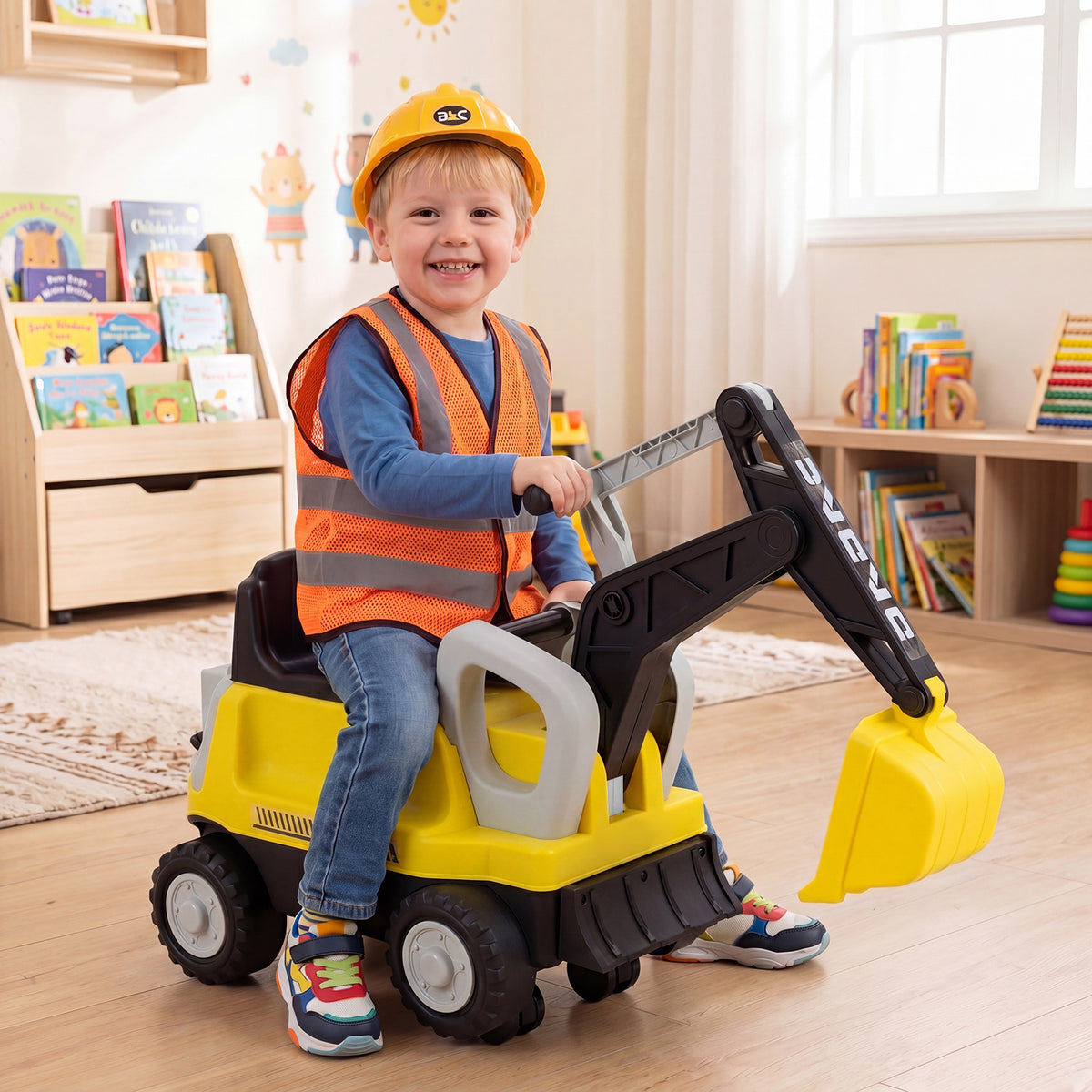 The push car being used by a child in a bright indoor playroom