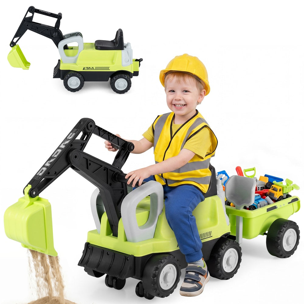 2-In-1 Ride on Push Car with detachable trailer and rake shovel for ages 1.5-3-green