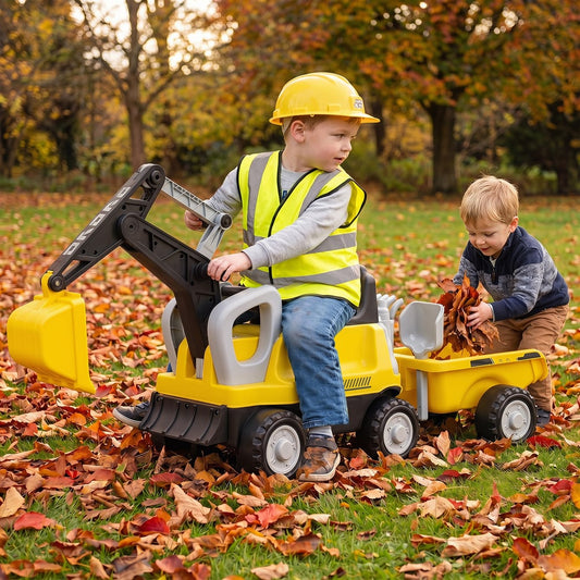 The push car being used by a child in a garden covered with autumn leaves