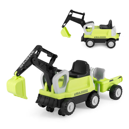 The green ride on push car with trailer and accessories shown from two angles