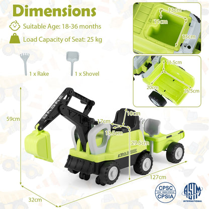 Dimensions diagram for the green ride on push car with trailer