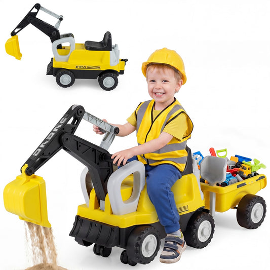 2-In-1 Ride on Push Car with a child playing with the digging arm and trailer in a studio