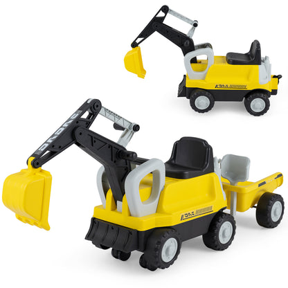 The push car shown with and without the detachable trailer attached