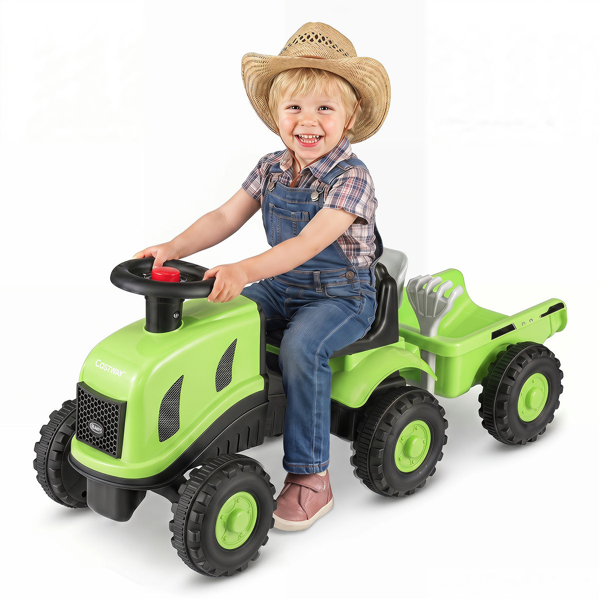 2-in-1 Ride on Tractor with detachable trailer, a green foot-to-floor sliding car with air horn