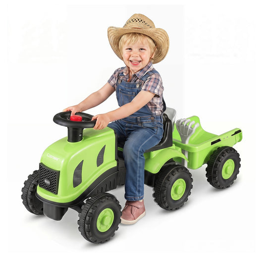 2-in-1 Ride on Tractor with detachable trailer, a green foot-to-floor sliding car with air horn