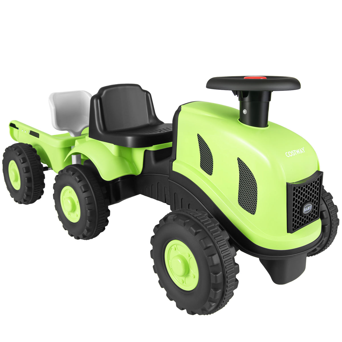 The green ride on tractor with trailer is viewed from a low angle