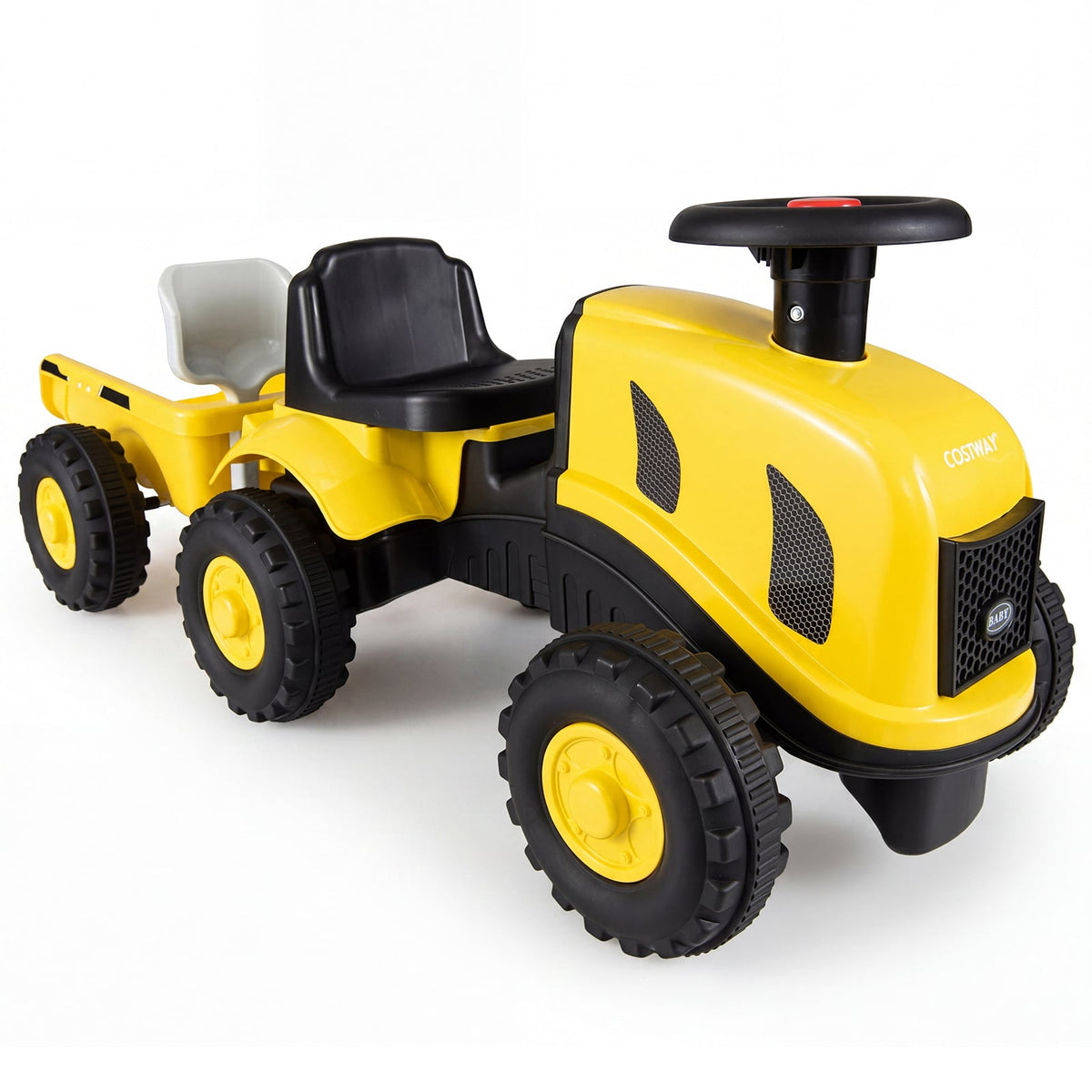 The yellow ride on toy shown from the side with the detachable trailer attached