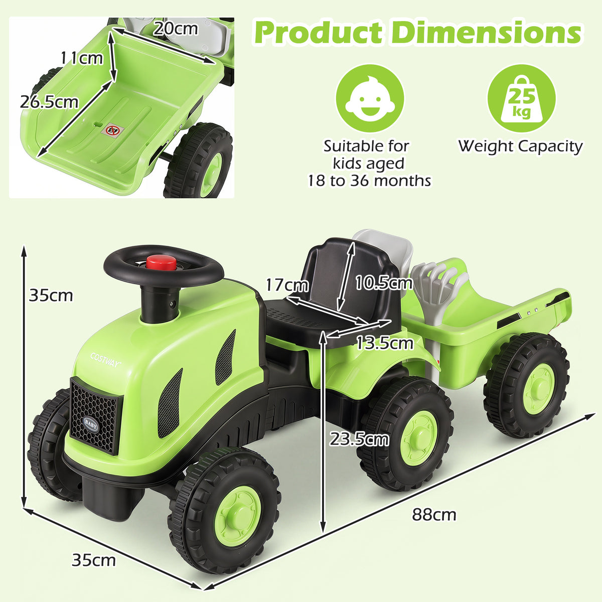 Product dimensions diagram for the green ride on tractor with trailer